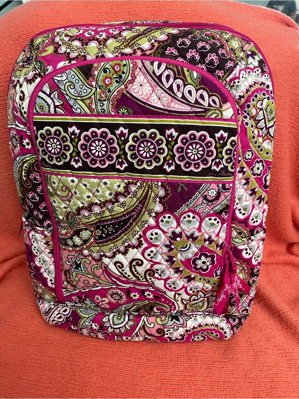 Vera Bradley Quilted Paisley Backpack in Fuchsia and Olive